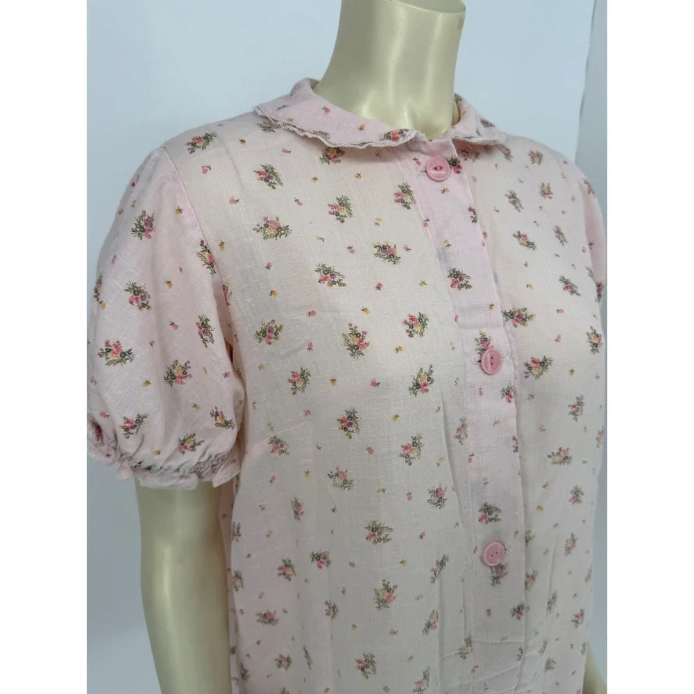 Vintage 1950s‎ Handmade Pink Floral Cotton Puff Sleeve House Robe Semi Sheer